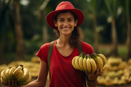 A female farmer in a red shirt standing holding a cluster of bananas
