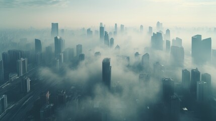 City covered in heavy smog, problem of urban air pollution