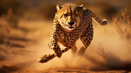 Cheetah running in the desert, kicking up dust
