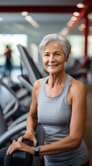 Mature woman doing exercises in fitness center, healthy life 