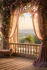 Obraz na płótnie Canvas Serene Morning Overlook from a Flower-Adorned Balcony