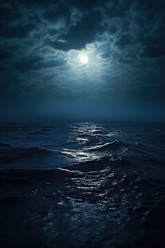 A full moon is shining over the ocean. Generative AI.