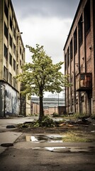 Fototapeta premium A tree is growing in an empty industrial area. Generative AI.