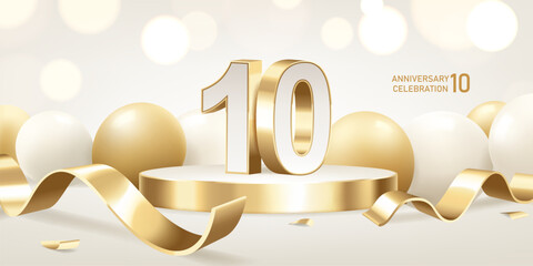 10th Anniversary celebration background. Golden 3D numbers on round podium with golden ribbons and balloons with bokeh lights in background. - obrazy, fototapety, plakaty