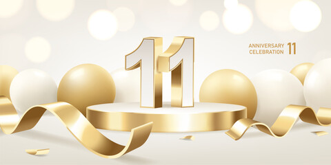 11th Anniversary celebration background. Golden 3D numbers on round podium with golden ribbons and balloons with bokeh lights in background. - obrazy, fototapety, plakaty