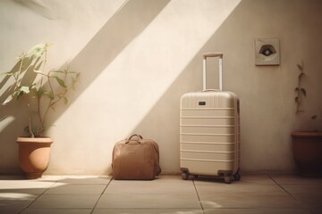 a beige colored small cabin sized suitcase with wheels standing in front of a sunny sunlit mediterranean off-white. Minimalistic vacation traveling concept - obrazy, fototapety, plakaty