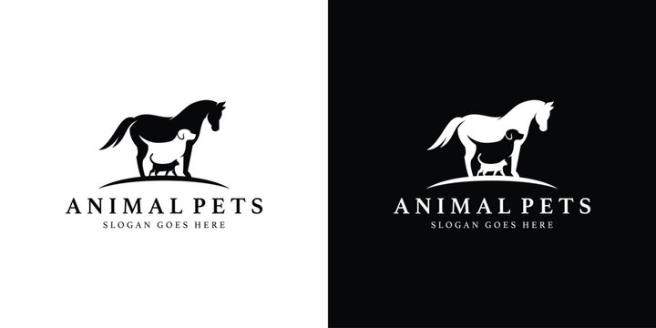 Creative Animals Pet Logo. Horse, Dog, Cat, Pet care Logo Icon Symbol Vector Design Template.