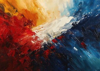 An artistic composition showcasing the French flag painted on a canvas, surrounded by vibrant brushs