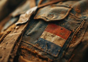 An up-close shot of a worn-out military uniform adorned with the French flag patch, hinting at tales