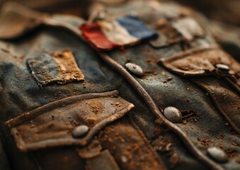 An up-close shot of a worn-out military uniform adorned with the French flag patch, hinting at tales