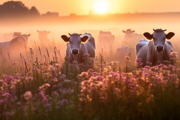 a peaceful group of cows grazing on a field filled with fog during the twilight or golden hour in...