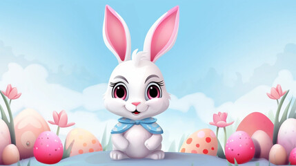 Fototapeta premium copy space, beautiful sweet cartoon illustration, Easter bunny with easter eggs. Easter mockup. Beautiful easter greeting card, invitation. Poster. Cute easter bunny with easter eggs.