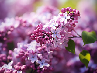 Close up of purple lilac flowers, blurry background 