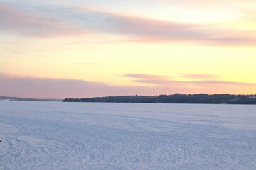 Sunset over Storsön near Östersund in Sweden. Cold cold day.