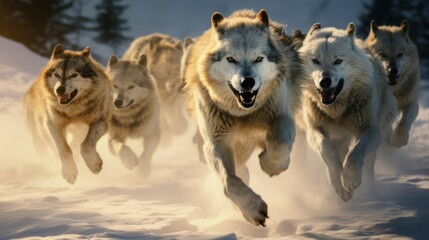 Pack of wolves running through a snowy landscape