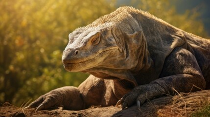 Fototapeta premium Majestic reptile basking in the sun on a barren landscape