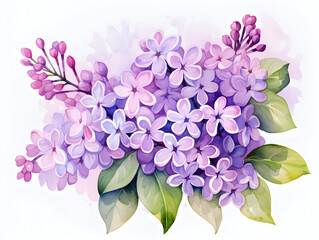 Illustration of purple lilac flowers, on white background	
