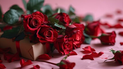 a present box and roses on a pink background. generative AI