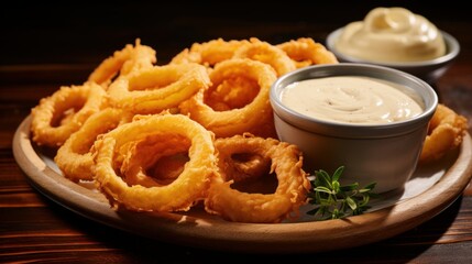 Greasy and crispy onion rings served with a creamy dipping sauce