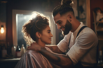 A woman braids a male customer's hair while working in a barber shop - obrazy, fototapety, plakaty