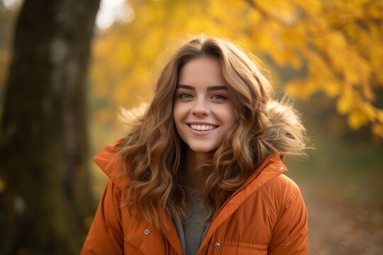 A young woman smiling in forest in autumn season