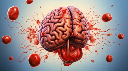 Illustration of a brain with a hemorrhage, representing a hemorrhagic stroke, and a caption explaining the condition - obrazy, fototapety, plakaty