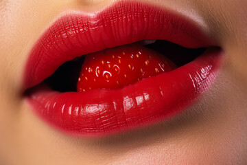 Obraz premium A close-up of a woman's lips wearing red lipstick, biting a strawberry.
