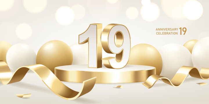 19th Anniversary celebration background. Golden 3D numbers on round podium with golden ribbons and balloons with bokeh lights in background.