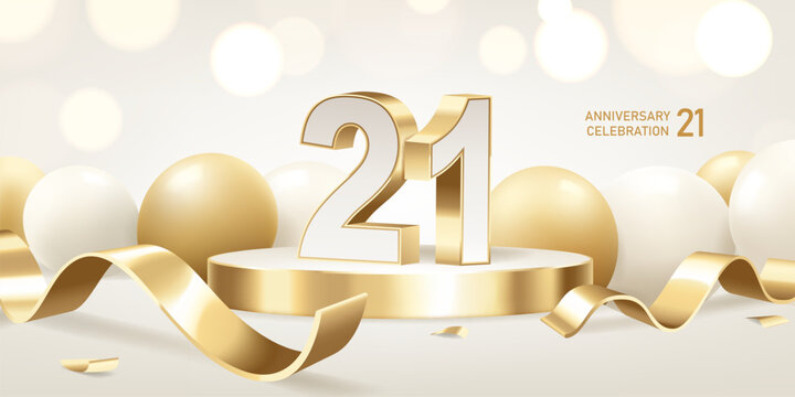 21st Anniversary celebration background. Golden 3D numbers on round podium with golden ribbons and balloons with bokeh lights in background.
