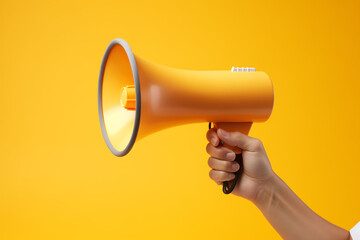 A person holds a megaphone against a yellow background. - obrazy, fototapety, plakaty