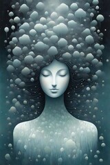 Faceless ethereal spirit covered in organic growths with dark misty background