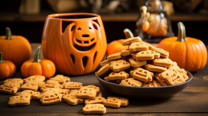 Pumpkin-flavored dog treats or pet snacks shaped like pumpkins, providing seasonal delights for furry friends