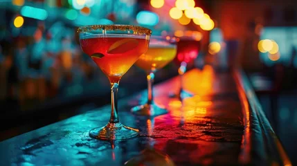 Foto op Plexiglas Still Life, Mardi Gras themed cocktails, close-up shot, bar counter, party night, vivid bar lights. © Татьяна Креминская