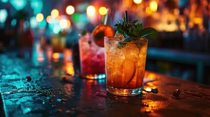 Still Life, Mardi Gras themed cocktails, close-up shot, bar counter, party night, vivid bar lights. - obrazy, fototapety, plakaty