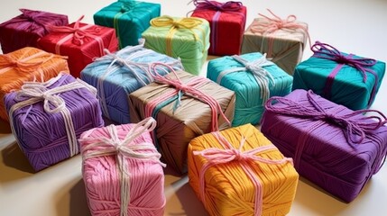 Yarn-wrapped gift boxes, adding a personal touch to presents