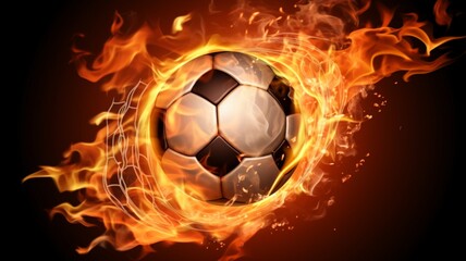 Fototapeta premium Inferno Striker: A Fiery Soccer Ball Hits the Goal with the Net Ablaze in Flames, Igniting the Passion of the Game - AI Generative