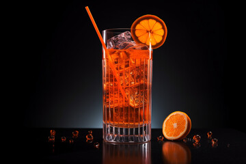 Aperol syringe in glass with orange summer cocktail with tubules over black background - obrazy, fototapety, plakaty