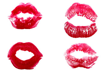 Different shapes of female sexy red lips. Sexy lips makeup, kiss mouth. Female mouth. Print of lips kiss vector background. - obrazy, fototapety, plakaty