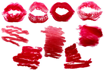 Lipstick kiss print isolated set. red lips set. Different shapes of female sexy red lips. Sexy lips makeup, kiss mouth. Female mouth. Print of lips kiss  background.