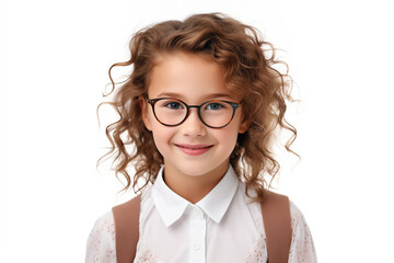 Obraz premium Schoolgirl in glasses, smiling, looking at camera, back to school concept, isolated on the white background, studio shot. Space for text
