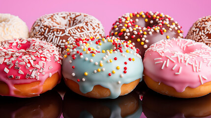 donuts de diferentes sabores y colores sobre la mesa - obrazy, fototapety, plakaty