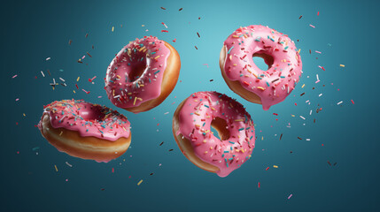 Donuts con fresa volando para usar en publicidad - obrazy, fototapety, plakaty