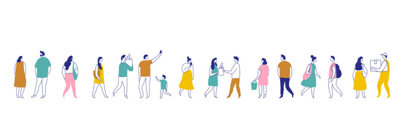 Background people silhouette line vector banner. People crowd. Men and women, kids walking outdoor