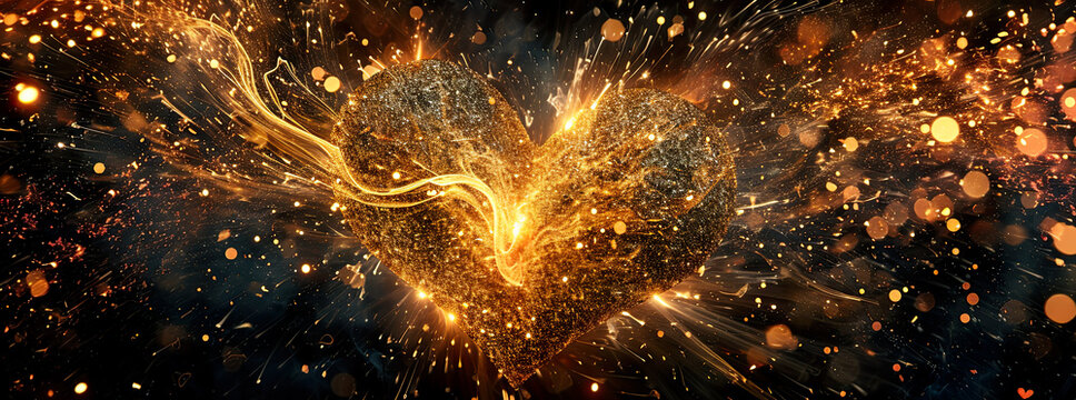 Gold heart glowing with golden sparkling on a dark background. Blurred, bokeh background. Heart shape symbol, concept of love, consumed with love. Glowing card, banner for romantic lovers. 