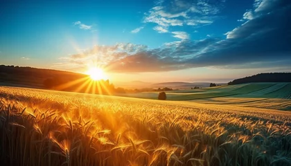 Poster Majestic sunrise over serene countryside vibrant wheat fields and fluffy white clouds © Andrei