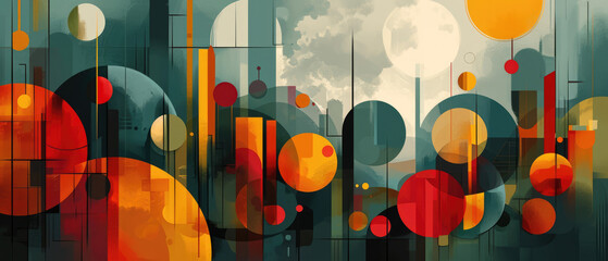 A stylised abstract urban landscape with vibrant circles and geometric shapes. - obrazy, fototapety, plakaty