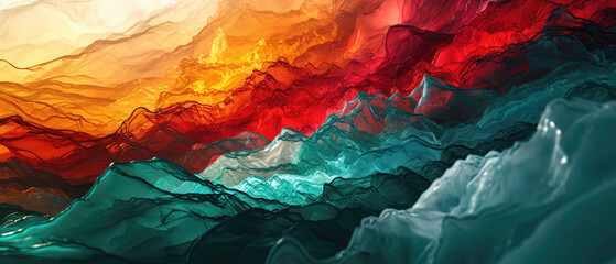 Waves of cool blue and fiery red merge in a tranquil yet dynamic abstract design. - obrazy, fototapety, plakaty