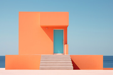 Orange square beach house with stairs on blue background Oceanfront. Minimalist architecture concept. Generative AI