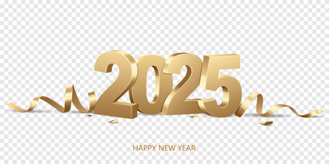 Happy New Year 2025. Golden 3D numbers with ribbons and confetti, isolated on transparent background.