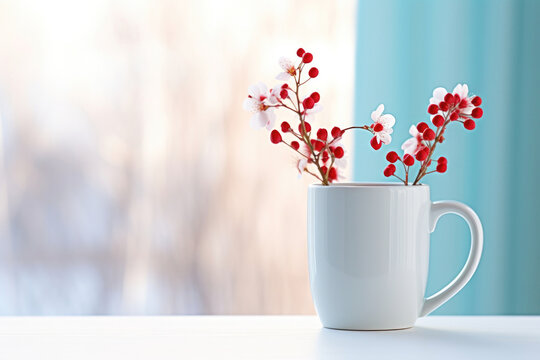 Still life with scarlet flowers in a white cup with a handle on a white table and white and blue blurred background. Kitchen design in minimalist style apartment. Ai generated